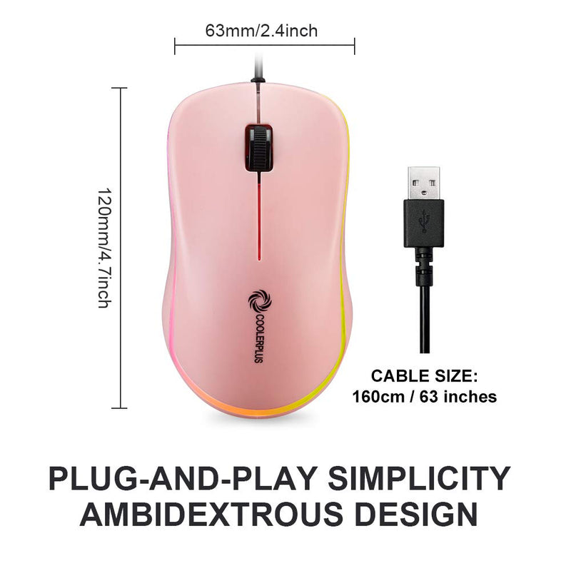 Coolerplus FC112 USB Optical Wired Computer Mouse with Easy Click for Office and Home, 1000DPI, Premium and Portable,Compatible with Windows PC, Laptop, Desktop, Notebook（Pink Pink