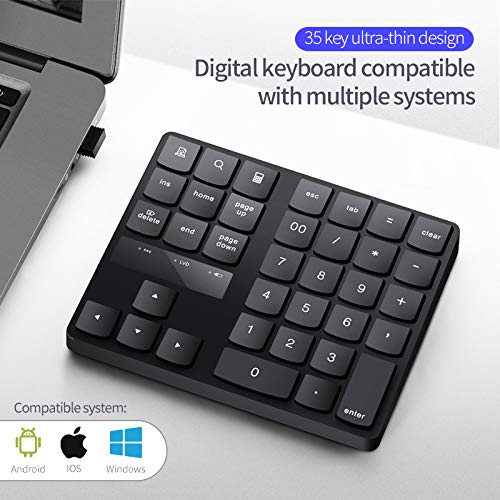 Numeric Keypad, 35-Keys Portable USB Wireless Numeric Keypad Rechargeable Ultra-Silent External Numeric Pad for MacBook/MacBook Pro/Air and Windows Laptop Black