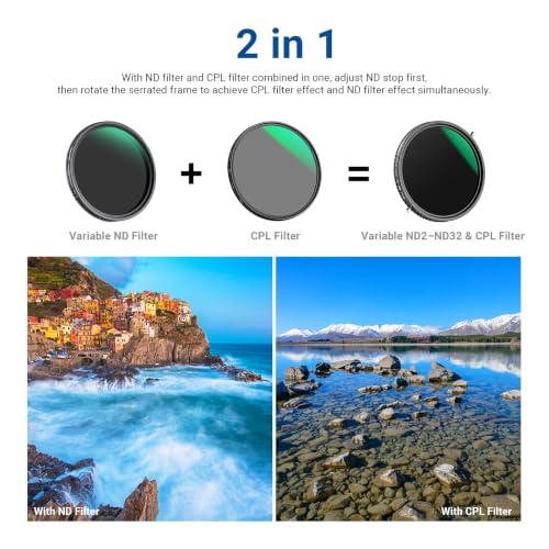 NEEWER 2 in 1 55mm Variable ND Filter ND2–ND32&CPL Filter(Circular Polarizer Filter) No X Cross/30 Layer Nano Coated/HD Optical Glass/Ultra Slim Aluminum Alloy Frame/Water Repellent/Scratch Resistant