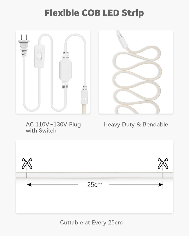 ALITOVE COB LED Strip Light Waterproof IP67 Warm White 3000K 16.4ft AC 110V 120V LED Neon Rope Lights Bright 1440LEDs Flexible LED Strip for Indoor Outdoor Cabinet Shower Bedroom(No Remote Dimmer) 5M (No Remote)