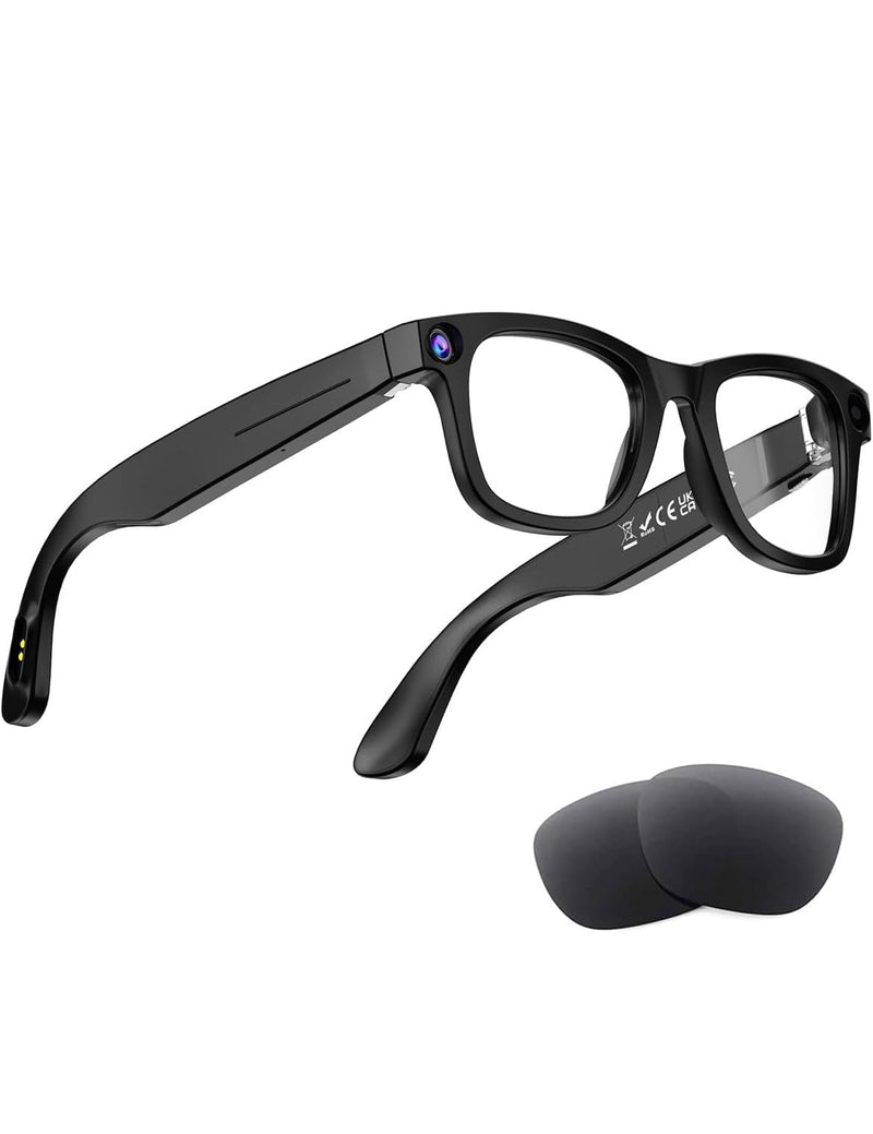 AI Smart Bluetooth Glasses with 8MP Camera for Men Women, Real-Time Translation, Black, Built-in AI Voice Assistant, Music Control, Photo Video Recording, Summer/Beach Essential