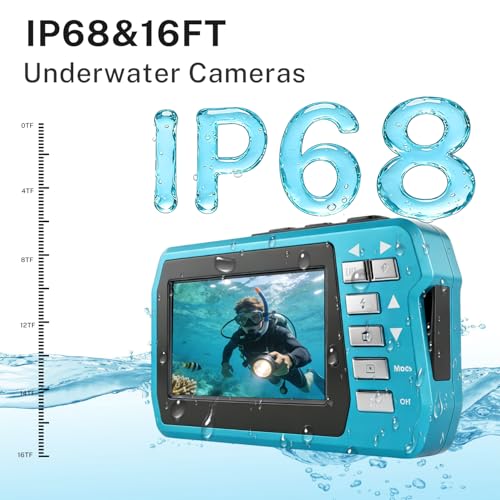 Underwater Camera 4K 48MP, Dual-Screen Waterproof Digital Camera, 10.83FT Dive for Swimming Travel, 16X Zoom Fill Light, 32GB Card, Blue