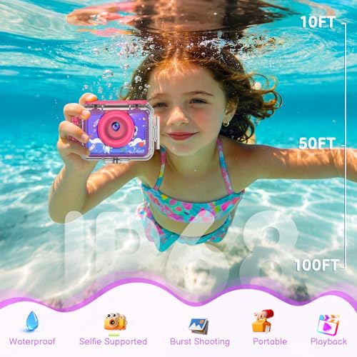 Pool Toy & Kids Underwater Camera - 99FT Waterproof Kid Action Camera 1080P Video&20MP Photo with Flip Lens, Includes 32GB Card for Diving Swimming Beach Snorkeling,Birthday Gift for Girls - GKTZ Dark purple