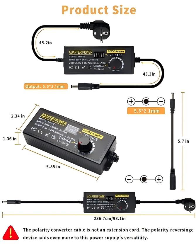 Adjustable Power Adapter 3-24V 5A 120W, Universal Power Supply 5A 120W Adjustable Power Supply Adapter, 100V-240V AC to DC 5A Power Supply with LED Voltage Display and 5.5 x 2.5 mm 14 Tips & Polarity