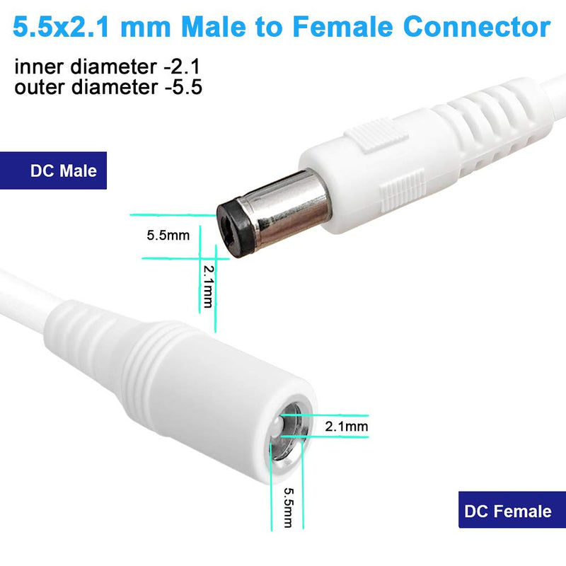 5.5mm x 2.1mm Extension Cord,DC 12v Power Supply Adapter for CCTV Security Camera Surveillance Indoor IP Camera Dvr Standalone LED Strip,Car,12 Volt Male to Female Plug Cable 10ft White