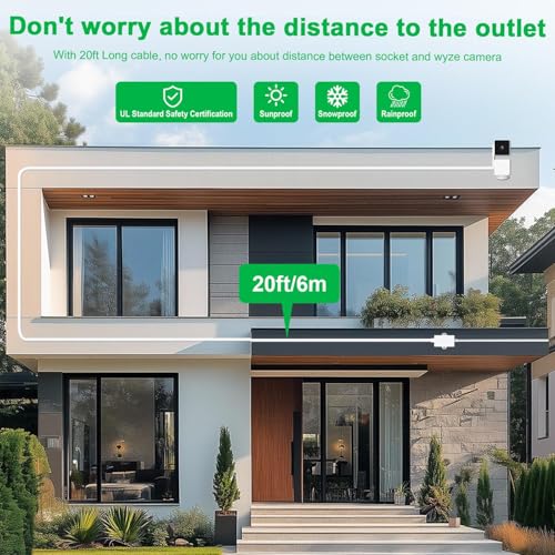 20Ft/6m Outdoor Power Adapter Compatible with Wyze Cam V4/V3,Duo Cam Pan,Wyze Pan V4/V3/V2/OG,Long Flat Charging Extension Cable Replace for Plug,IP67 Waterproof Power Cable-2Pack 2 Pack