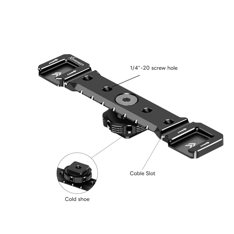 Dual Cold Shoe Mount Bracket, Camera Cold Shoe Extension Mount Aluminum Alloy Dual Cold Shoe 1/4"-20 Thread Holes Cable Slot for Flash LED Video Light Microphone Camera Camcorder