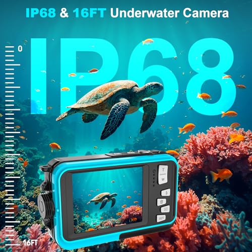 4K 64MP Underwater Camera 16FT Compact Digital Waterproof Camera Floatable Blue