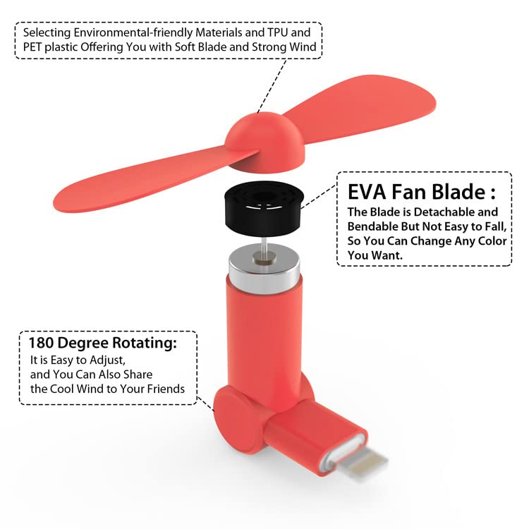 Genuie Fan for iPhone(2 packs) , Mini Fan with 180 Rotating, Strong Wind, Lightweight Compatible for iPhone, iPad, iPod and Any Lighting Devices. Upgraded Version (Black and Rose Red)