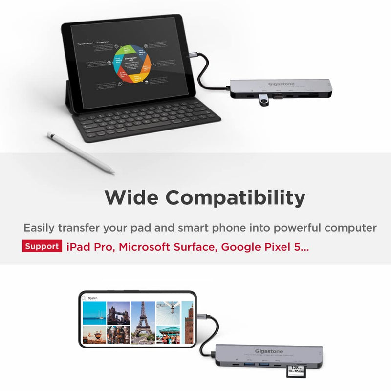 【USB C Hub】【100W Power Delivery】 Gigastone Multiport Adapter 7-in-1 with 100W Charging, 4K HDMI, USB-C & 2 USB-A 5Gbps, SD & microSD Reader, for MacBook Air, MacBook Pro, Chromebook, Zenbook, Surface