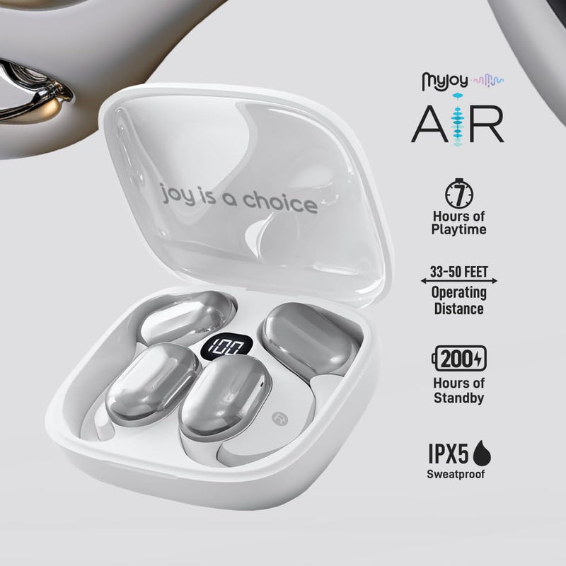 MyJoy Air Open Ear Earbuds, Wireless Bluetooth Open Earbuds Over The Ear Headphones with Microphone for Work & Workouts, Sweatproof Multi-Touch Open Earphones with LCD Panel Display, White
