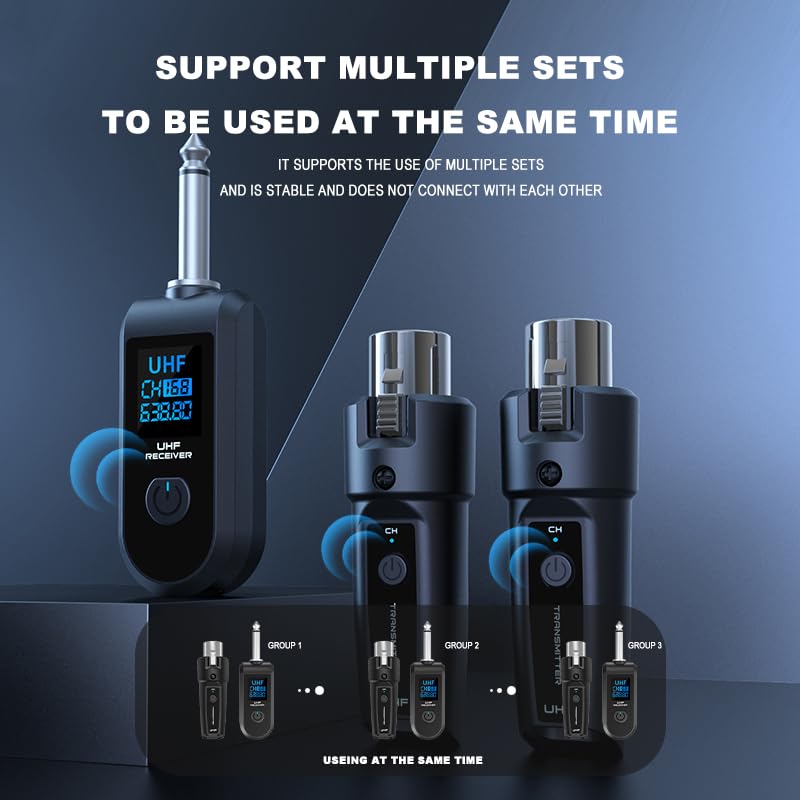 Upgrade 2.4GHZ Wireless XLR Transmitter and Receiver, Built-in Rechargeable Lithium Battery for Dynamic Microphone,Audio Mixer,Electric Guitar Bass (1 Receive + 2transmit) 1 receive + 2transmit