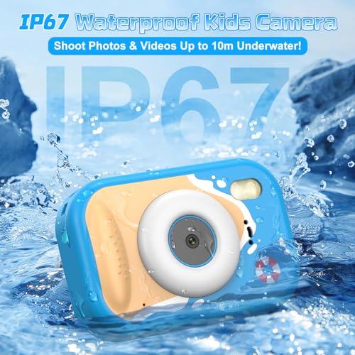Kids Waterproof Camera, IP67 Underwater Digital Camera, 1080P 48MP, 32GB Blue