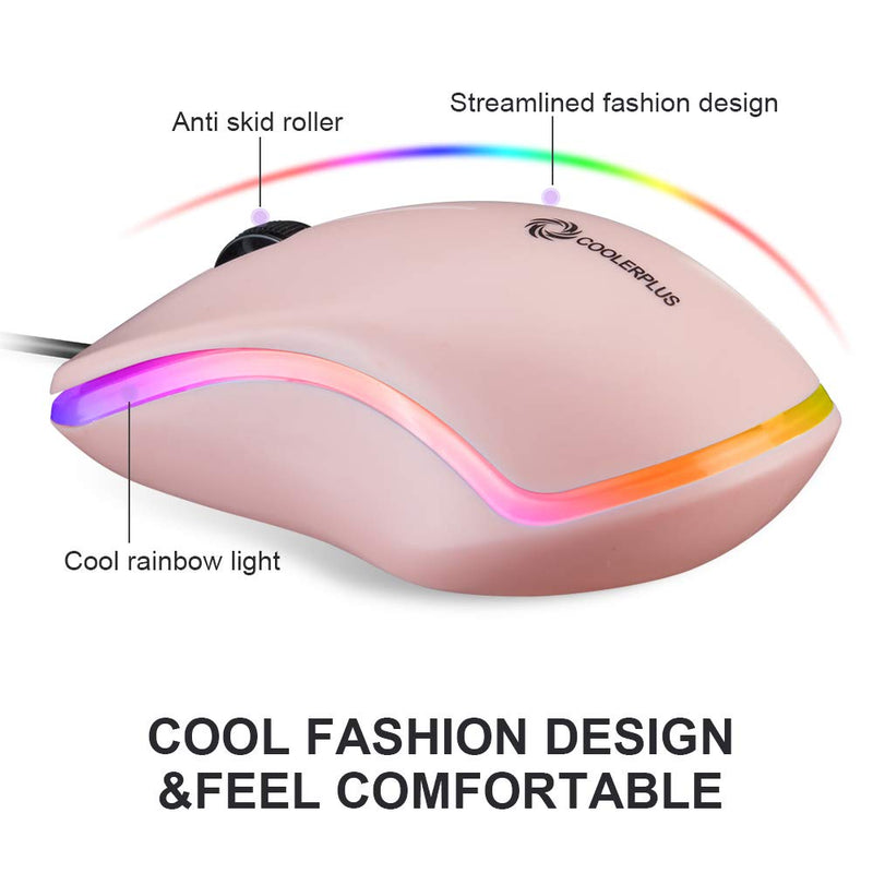 Coolerplus FC112 USB Optical Wired Computer Mouse with Easy Click for Office and Home, 1000DPI, Premium and Portable,Compatible with Windows PC, Laptop, Desktop, Notebook（Pink Pink