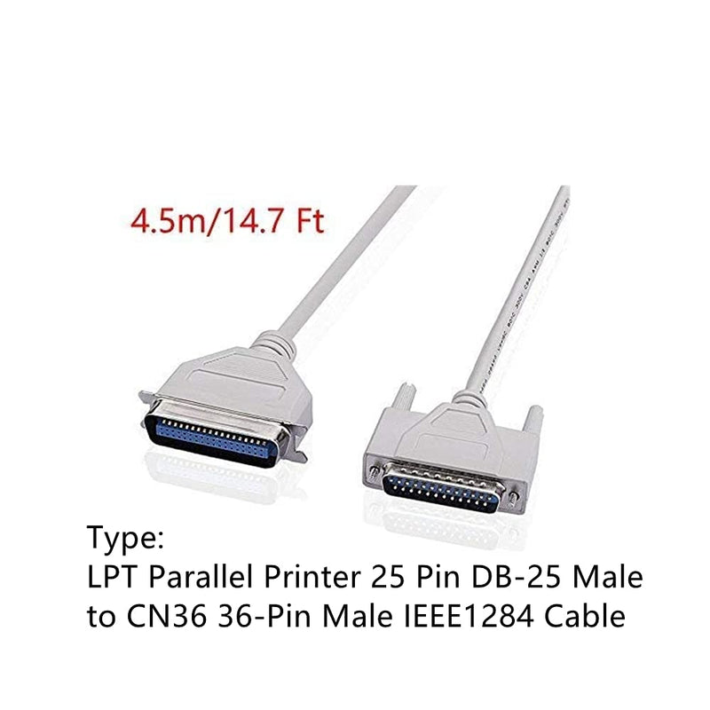 [AUSTRALIA] - 4.5m/ 14.7 Feet DB25 Male to Centronics 36 Female Parallel Printer Cable LPT Parallel Printer IEEE-1284 