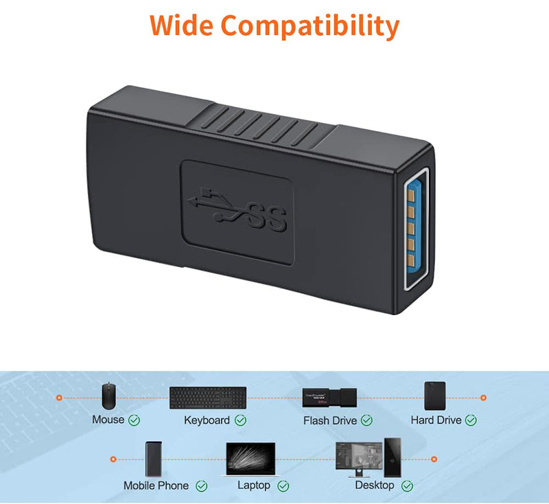 USB 3.0 Coupler, CableCreation 2 Pack USB 3.0 Type A Female to Female Extension Adapter, USB to USB Adapter, Black
