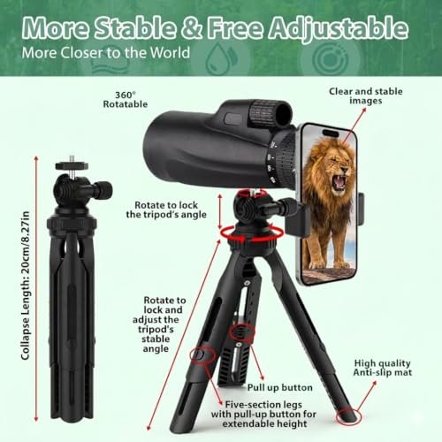Monocular Telescope 80 x 100 High Powered Monoculars for Adults with Tripod, Monocular for Smartphone Suitable for Bird Watching Larger Vision Monoculars for Adults with BAK4 Prism & FMC Lens Black