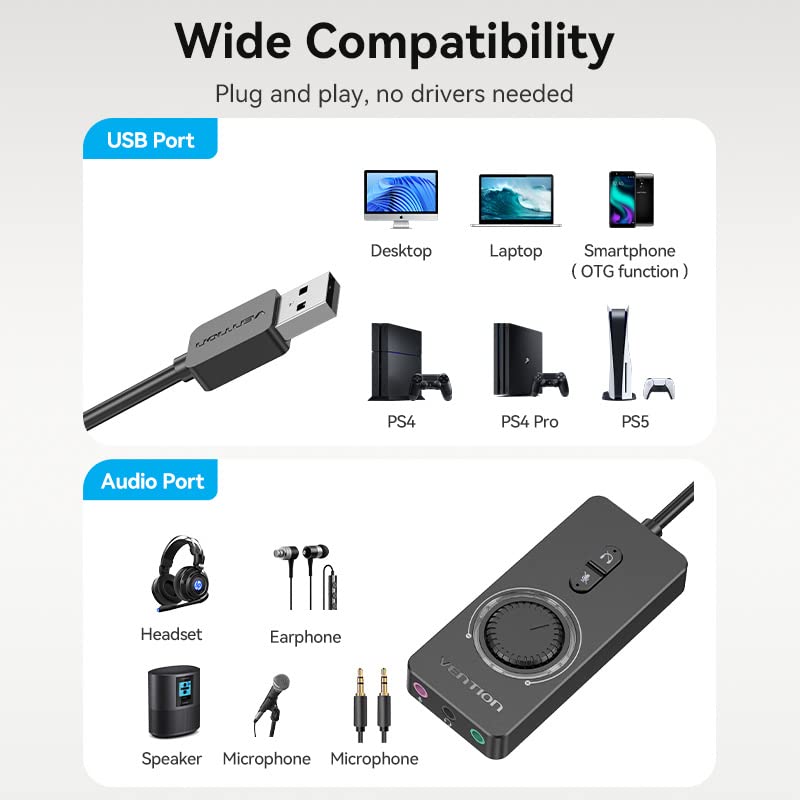 VENTION USB Sound Card, External Stereo Sound Card with Volume Control, USB to 3.5mm Jack Audio Adapter for Windows, Mac, PC, Laptop, Desktop, Headset, Switch and More Three Jack