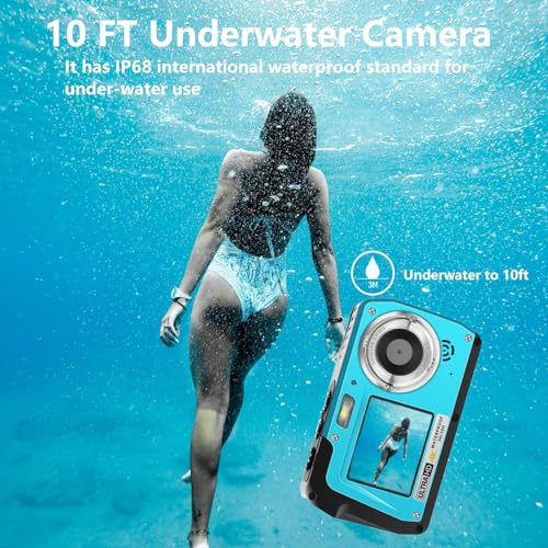 4K Underwater Camera, Full HD 4K&48MP Compact Floatable Camera, 10FT Waterproof Camera for Snorkeling, Surfing, Rafting, Dual-Screen for Selfie/16X Digital Zoom/Fill Light/Support 128GB Card(Blue) Blue