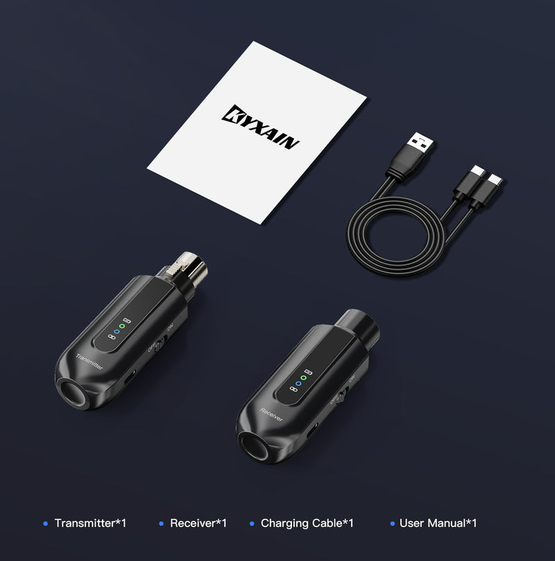Wireless Microphone Transmitter Receiver 2.4GHz, Wireless Microphone Adapter Rechargeable XLR Transmitter Receiver for Mixer PA Speaker DSLR Camera, 48V Phantom Power for Condenser Mic Black
