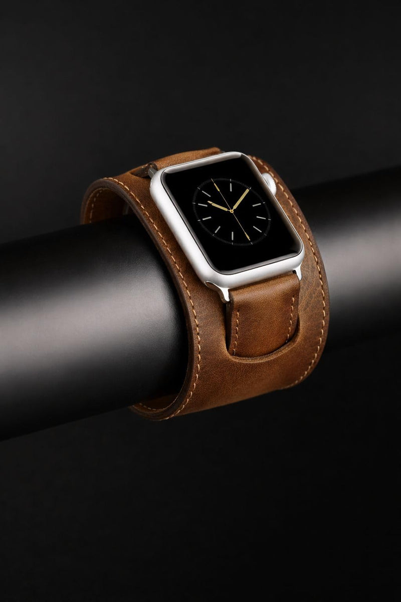 Venito Ancona Cuff Handmade Premium Leather Watch Band for Apple Watch iwatch Series 1,2,3,4,5,6,7,8,9,10,11 and SE 1,2,3 (45/44/42/41/40/38mm), (Antique Brown w/Rose Gold Connector&Clasp)