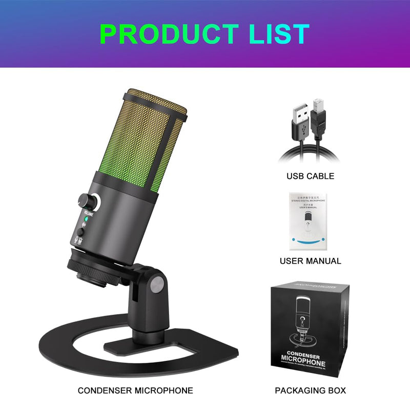 G-MARK MK6 RGB USB Condenser Microphone, Gaming Microphone for Podcasts, Streaming, Broadcasting, Condenser Mic with Cardioid, Omnidirectional, Compatible with PS4/5/PC