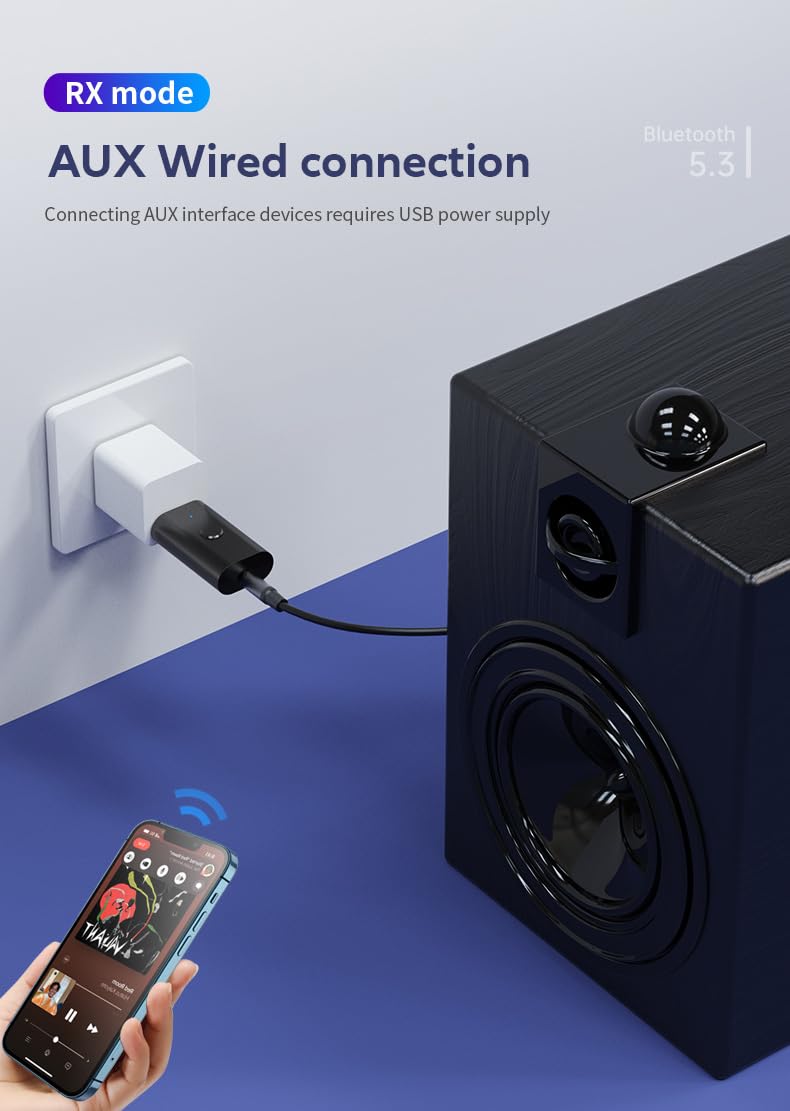 Latest Bluetooth 5.3 Transmitter Receiver, Bluetooth Adapter for Home Stereo, Speakers, Music Streaming Sound System Wireless Audio Transmitter, etc., Effectively Reduce Noise and Signal Interruption