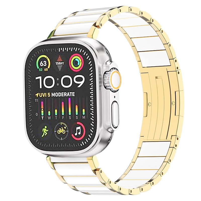 Stainless Steel Band for Apple Watch 11/10/9, Ultra 3, SE 3, Ceramic-Like | MaKTech No-Tool Link Removal Bracelet, 316L Deployment Clasp, for Apple Watch Series 11/10/9/8/7, Ultra 3/2/1, SE 3/2/1 42mm/41mm/40mm Gold