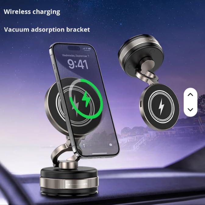 Wireless Charger Phone Holder for Car, 15W Fast Charging, Strong Magnetic Suction, 360° Adjustable Foldable Mount with Strawberry car Paper freshener