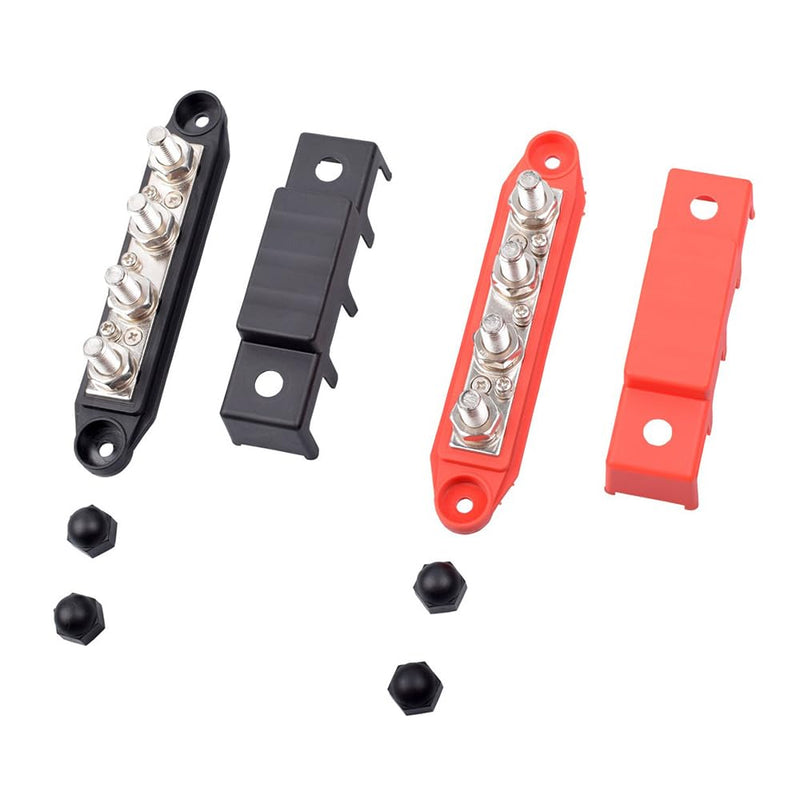 FONGKNOX 12V to 48V 250A Busbar 4 Way 4 Port Distribution Block M8 (5/16") with Black Cover Negative Terminal Stud for Cars Vans RV Trucks Boats Yachts