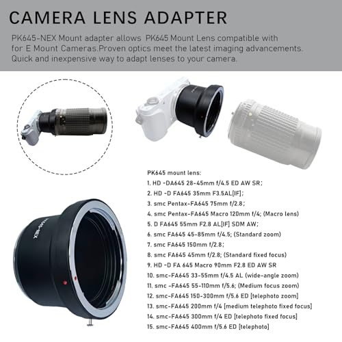 Compatible with P645 PK645 Lens to NEX Camera A6300,A7,A7R,A7II,A7S,A7M2,NEX-7,NEX-6,NEX-5,VG20 VG30 VG900E,PK645 to NEX Lens Adapter.