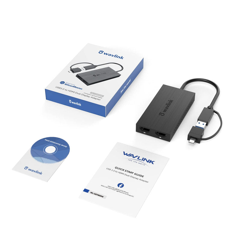 Wavlink USB 3.0 to Dual HDMI UHD Universal Video Graphics Adapter Supports up to 6 Monitor displays, 4K@30Hz and 1080@60Hz External Video Card Adapter Support Windows,Mac, Chrome OS, Android 7.1 Above