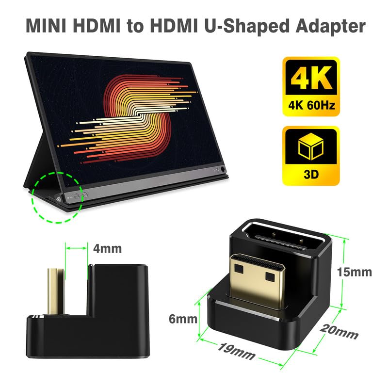 AGVEE 180 Degree Angled USB-C to USB-C Adapter and Short Side Inward U-Shaped Mini HDMI to HDMI Converter, HDMI 2.0 4k@60HZ, Coupler Extender Extension for Portable Display Monitor, Black