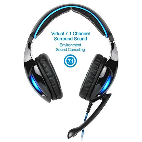 SADES Newest SA902 7.1 Channel Virtual Surround Sound USB Gaming Headset Over-ear Headphones with Noise Isolating Mic LED Light for PC Mac Computer Gamers(Black Blue) SA902Black