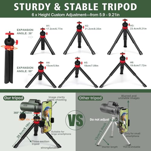 40x60 Monocular Telescope with Smartphone Holder & Upgraded Tripod, 2025 BAK4 Prism FMC Monoculars for Adults, HD Monocular Scope for Bird Watching Hiking Concert Camping Travelling