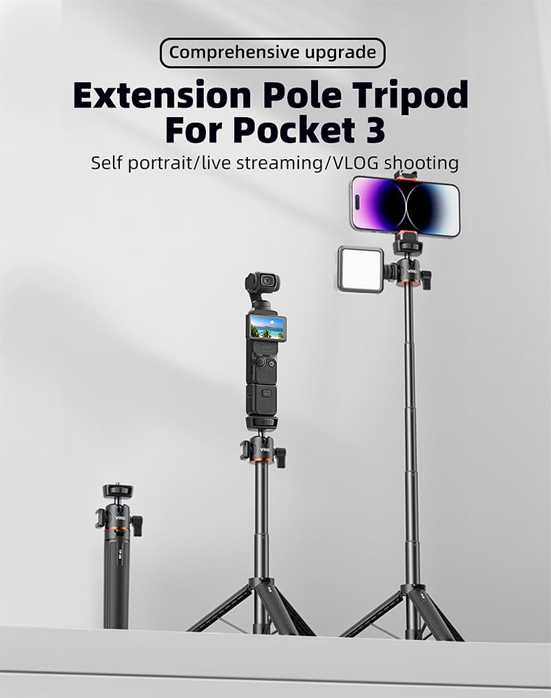 BTG Extension Pole Tripod for Extension Pole Desktop Tabletop Tripod for DJI Pocket 3 2 Action 5 4 3 Insta360 X4 X3 Go 3 Go 3S Selfie Stick Tripod Self Portrait Live Streaming Vlog Shooting