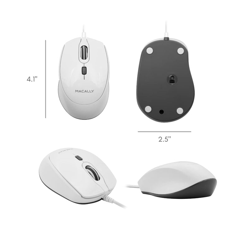 Macally USB Wired Mouse for Mac or PC - Comfortable, Smooth, and Quiet - White USB Mouse Wired with 5ft Cable and 4 DPI - Plug and Play Corded Computer Mouse for Laptop or Office Desktop - White