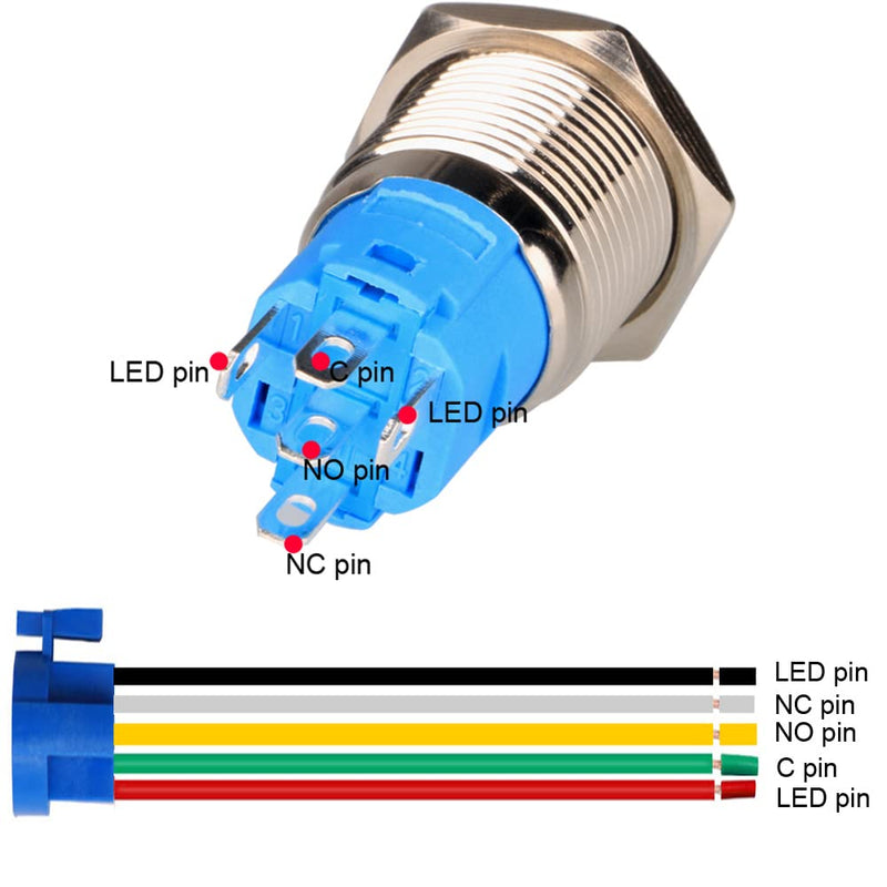 0.87 Inch/22mm Stainless Steel Momentary Push Button SPDT 110V-220V/3A LED 1NO1NC ON/Off Waterproof with Wire Socket Plug (Green LED) green /110-220V