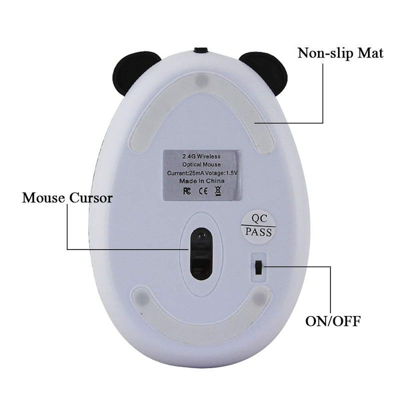 Cute Animal Panda Wireless Mouse, [3C Light] Mini USB 2.4G Rechargeable Optical Mice Cartoon Computer Mouse for Kids 3 Buttons (Wireless-White) Wireless-White