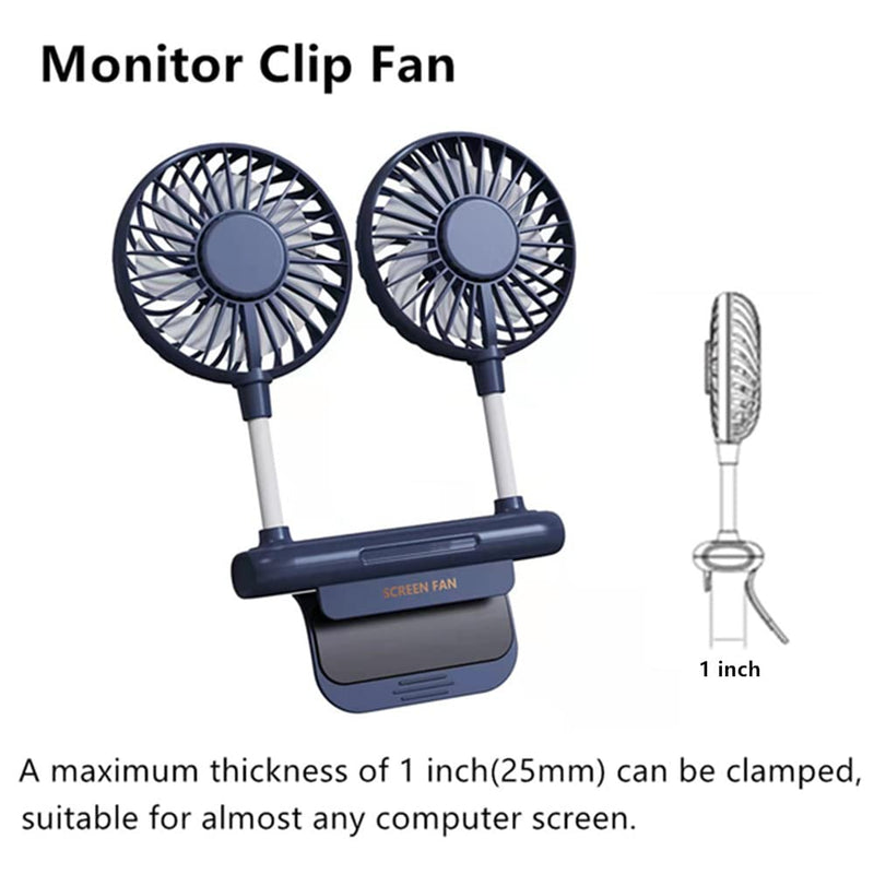 Desktop Fan, THRRLY Monitor Clip on Fan with 2 Fan Heads, 3 Speeds Office Desk fan USB Powered Cooling Fan with Sturdy Adjustable Clamp, Strong Wind Quiet Personal USB Small Fan for Laptops, Desktop. Dark Blue