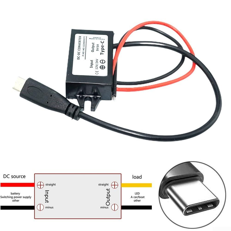5A USB C Power Adapter, DC Converter from 12V/24V to 5V, Waterproof and Safe Charging Solution