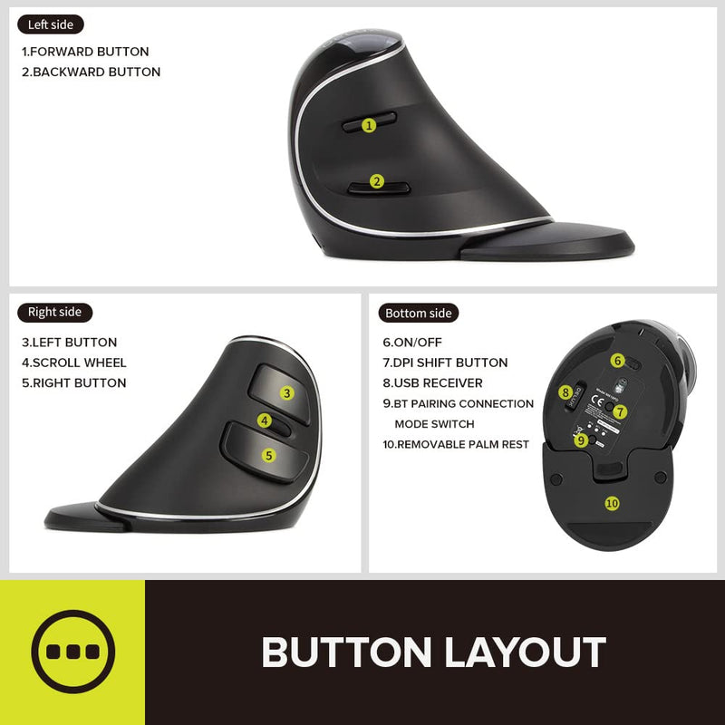 DELUX Wireless Ergonomic Mouse with 4000DPI, Vertical Mouse with USB Receiver and BT1 + BT2, 6 Buttons and Removable Palm Rest for Laptop Computer and Carpal Tunnel (M618PD-Black)