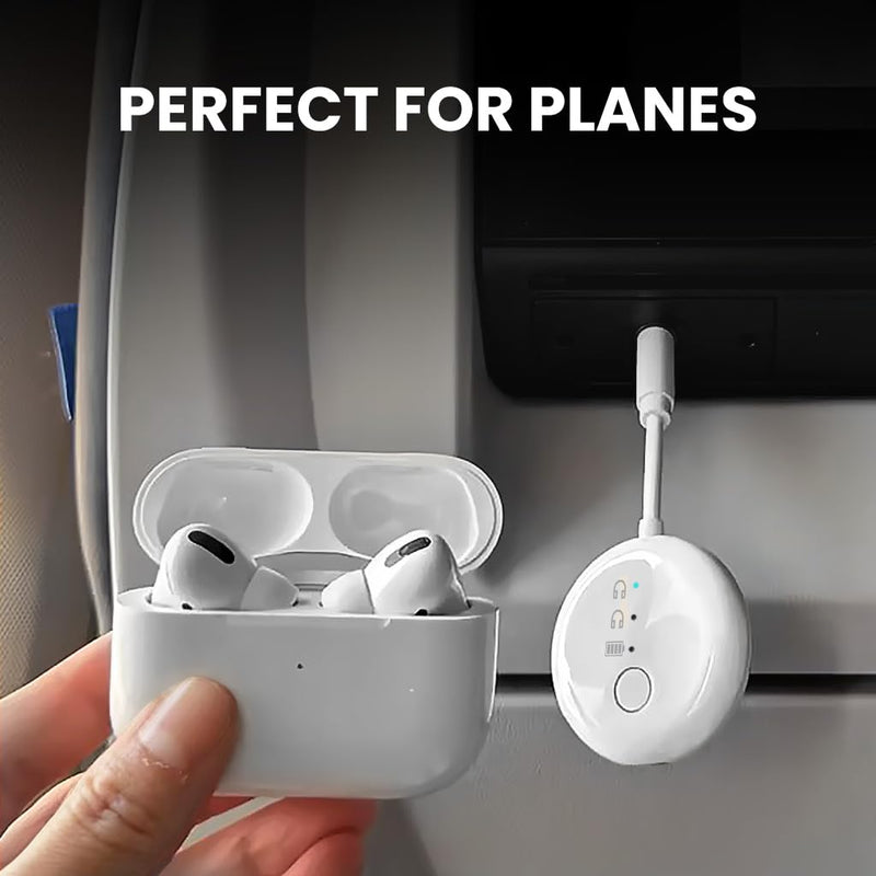 Avantree SoundJet R1 [2025 New] - Airplane Bluetooth 5.3 Adapter for up to 2 AirPods or Headphones with Low Latency and 20hr Playtime, Wireless Audio Transmitter for Flights, Travel, Gym, TV, Tablet White - With Dual Adapter