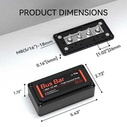 LiTime 300A Bus Bar 4*M8 Terminal Posts for LiFePO4 Batteries High Voltage and Current Suitable for Automotive, Marine, and Solar Applications and Electrical System (Red+Black)