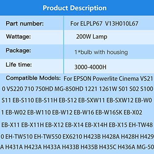 LBTbate ELPLP67 V13H010L67 Replacement Projector Lamp for EPSON PowerLite Home Cinema 710 750HD EX7210 EX3210 EX3212 EX5210 H429A VS210 VS220 MG-850HD PowerLite1221 1261W EB-S02 K85 Projector Bulbs