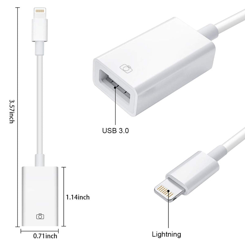 Lightning to USB Camera Adapter Lightning Female USB OTG Cable Adapter for Select iPhone,iPad Models Support Connect Camera, Card Reader, USB Flash Drive, MIDI Keyboard, White (White)