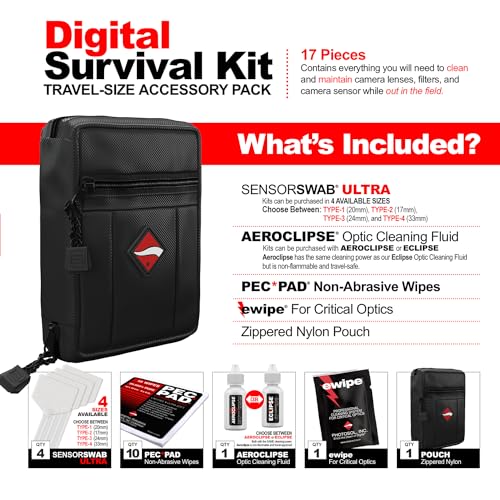 Photographic Solutions Digital Survival Kit - Type-3 (24mm) Sensor Swabs, PEC-PAD Photo Wipes, E-Wipe Packet, Aeroclipse Optic Cleaner Non-Flamable Solution - Camera Cleaning Kit with Travel Bag Type-3 (24mm)