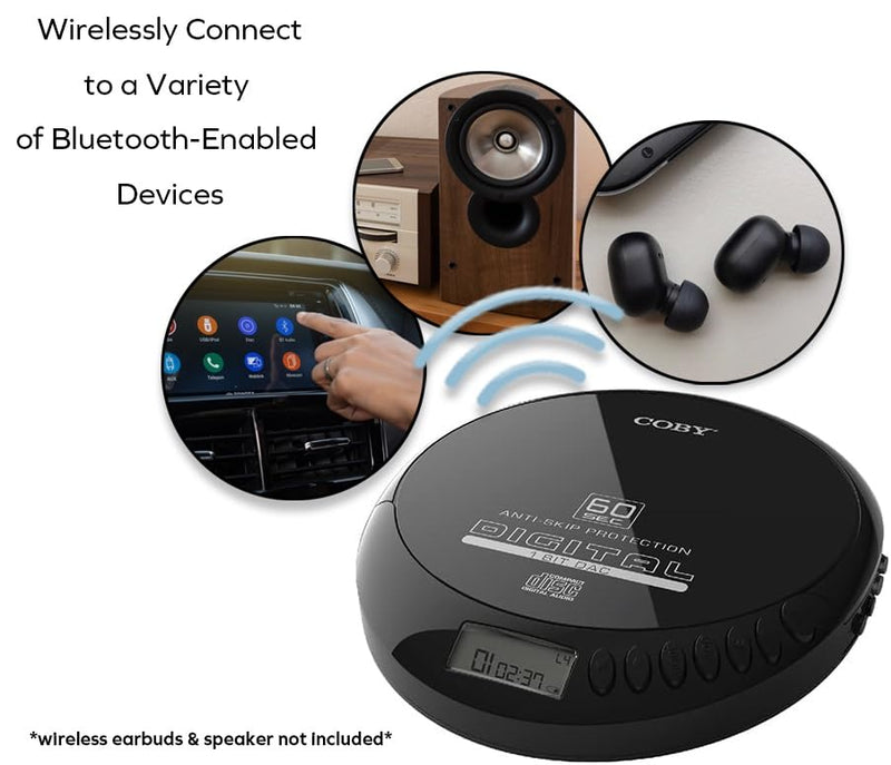Coby CD Player Portable CD Player with Bluetooth, Earbuds, FM, AUX, MP3 Anti-Skip Compact Discman | Rechargeable, Lightweight CD Player for Car, Home