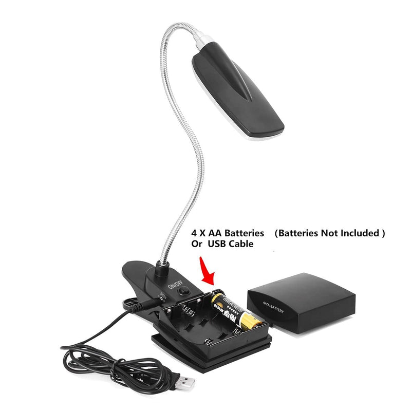 Music Stand Light, Clip on LED Book Lights, USB and AA Battery Operated, Reading Lamp in Bed, 3 Brightness Levels, Ideal for Musician, Piano Player, Kids, Travel, Black