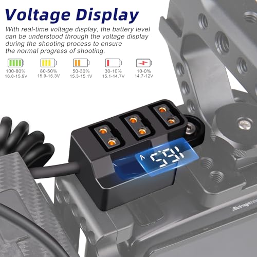 D-Tap 1×3 Power Splitter Adapter with Voltage Display. Coiled Cable Version
